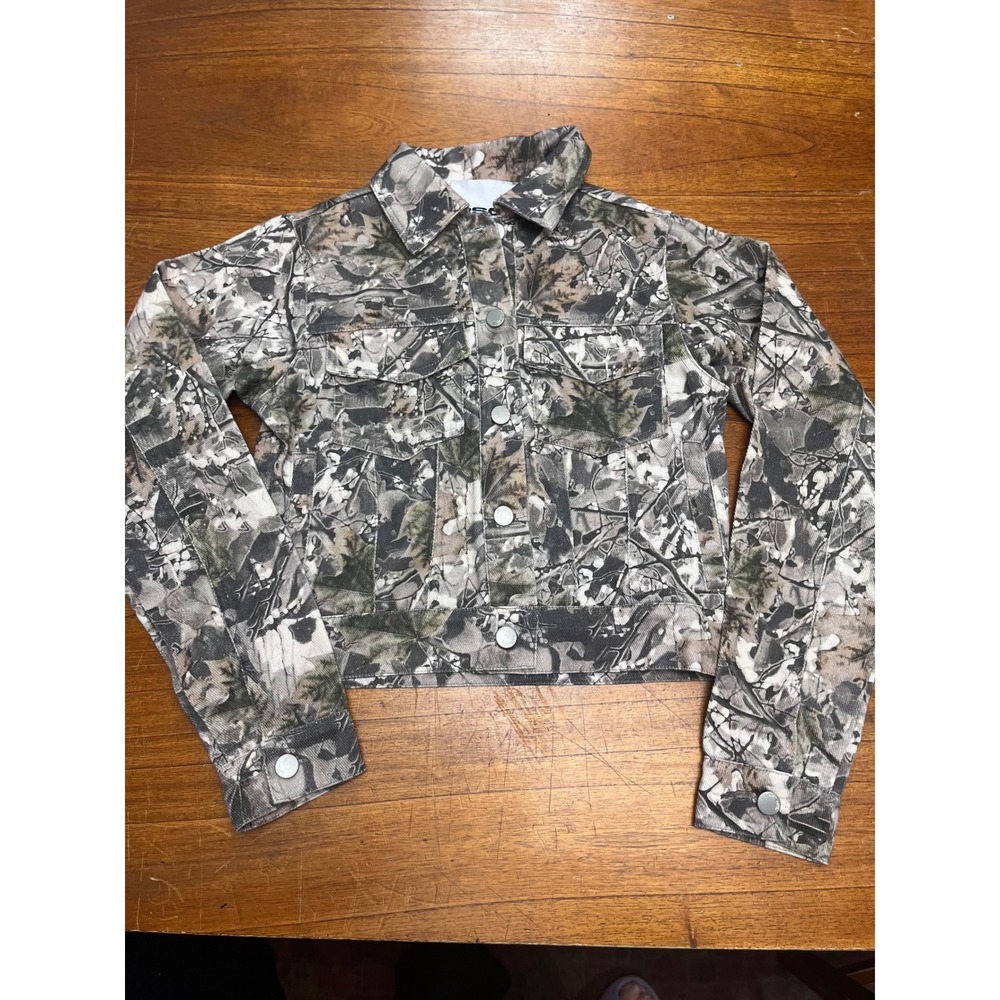 Real Tree Camo Denim Trucker Jacket XS Cropped Leaf Print Cotton Camouflage